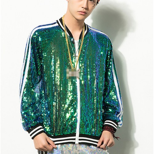 Sequined modern hip hop dance coats jackets men's male competition stage performance singers jazz dancers dancing tops jackets